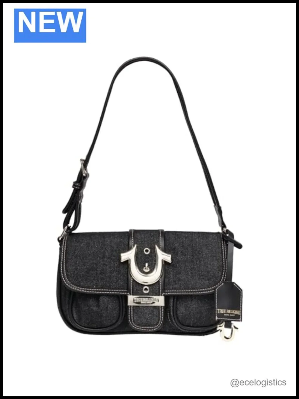 Denim Satchel Bag with Horseshoe Hardware, Multi-Pocket, Adjustable Strap